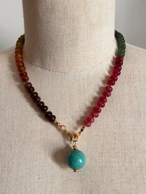 Hand Crafted Multicolor Beaded Necklace with Turquoise Pendant